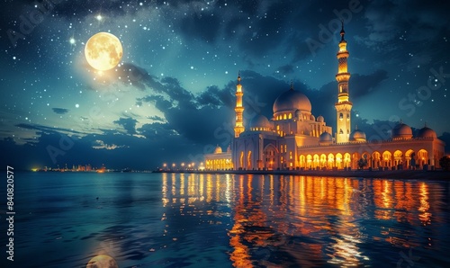 Illuminated Mosque at Night With Crescent Moon and Stars