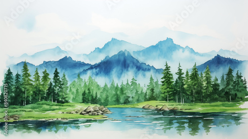 Watercolor mountain landscape with river and forest