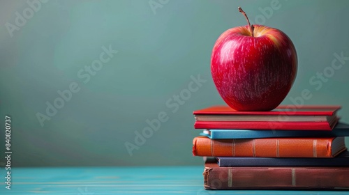 Red Apple on Stack of Books With Green Background