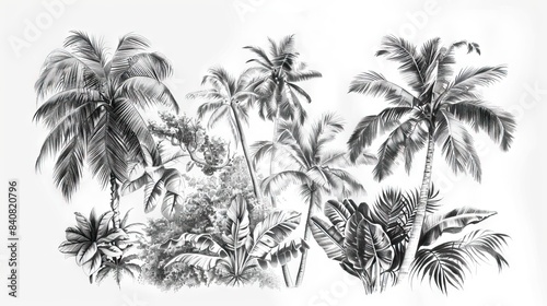 Wallpaper Mural Seamless Border Hand Drawn Black and White Lithography Illustration Retro Style Design. Tropical wallapaper. AI generated illustration Torontodigital.ca