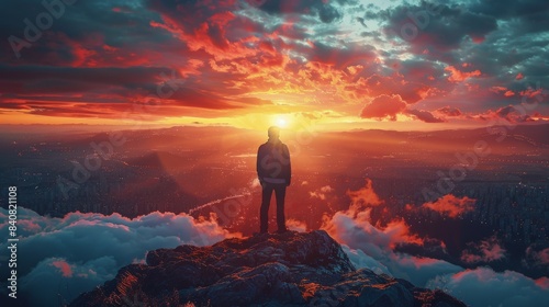 Silhouette of a Man Standing on a Mountaintop at Sunset