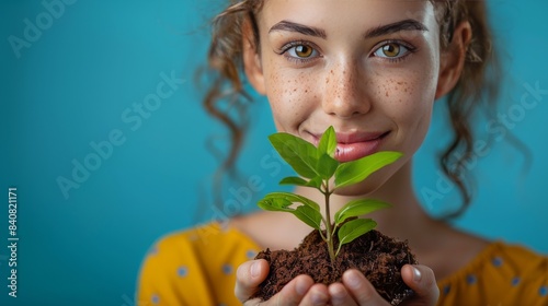 Young Woman Holds Green Plant Against Blue Background