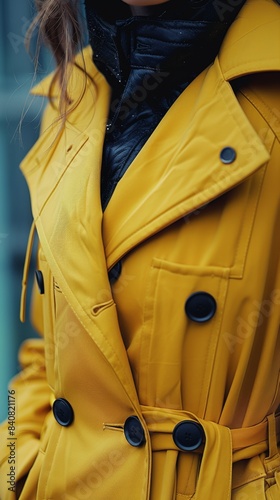 Closeup of a Yellow Double-Breasted Trench Coat With Black Buttons