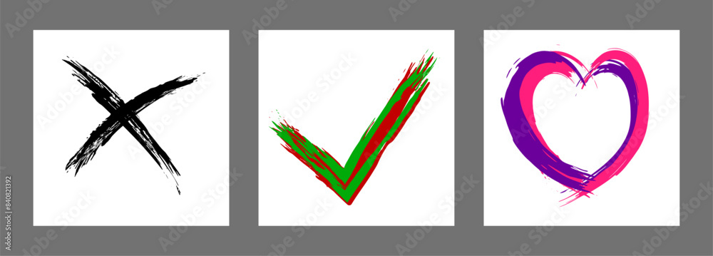 The cross, heart and OK symbol are hand-drawn with a brush. Prohibition, denial, error. Love. Approval, consent. Vector, set of 3 characters The cross, heart and OK symbol are hand-drawn with a brush. Prohibition, denial, error. Love. Approval, consent. Vector, set of 3 characters