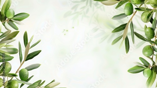 Fresh green olive branches on a bright background photo