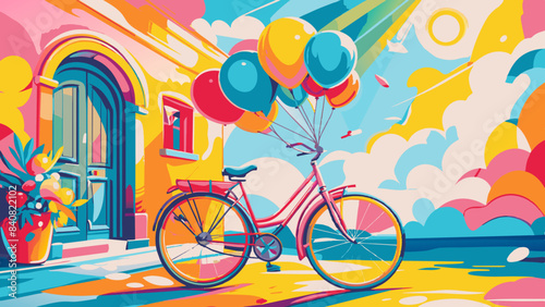 Colorful Urban Landscape with Retro Bicycle and Balloons Illustration