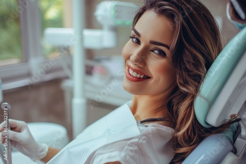 Smiling Woman Receiving Routine Dental Checkup in Modern Clinic Setting © spyrakot