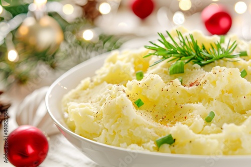 Festive homemade mashed potatoes with Christmas decorations photo