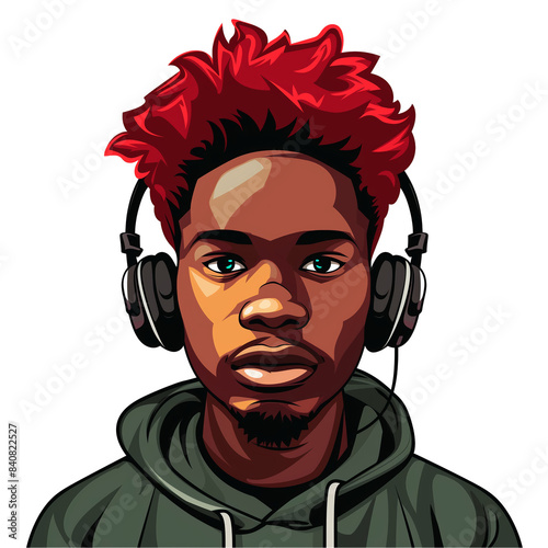 young african man with red hair wearing headphones . png . clip art . vector cartoon art style . remove background 