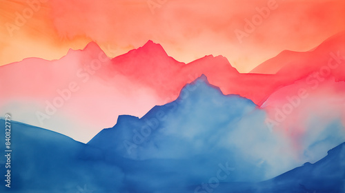 Watercolor red and blue mountain range at sunset landscape