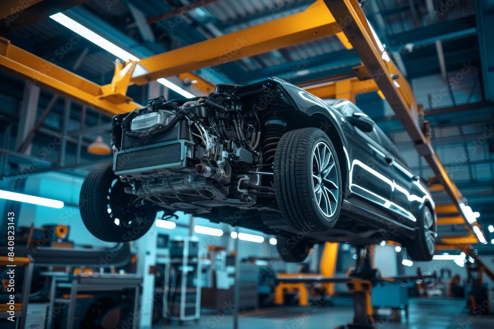 Engine Removal Using Hydraulic Lift in Auto Shop - Precision Mechanical Engineering Scene Engine Removal Using Hydraulic Lift in Auto Shop - Precision Mechanical Engineering Scene