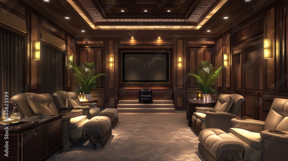 Luxury Home Theater with Leather Recliners, High-Resolution Projector, and Sophisticated Design Elements