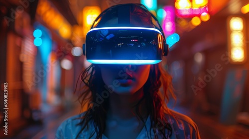 The photo shows an individual with a VR headset standing in a vibrant, neon-lit city street at night © familymedia