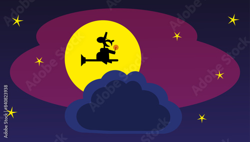 Vector e ilustración de silueta de bruja viajando en escoba durante la noche con estilo minimalista.