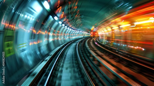 A vibrant and dynamic image capturing the speed and motion of a train in an illuminated tunnel