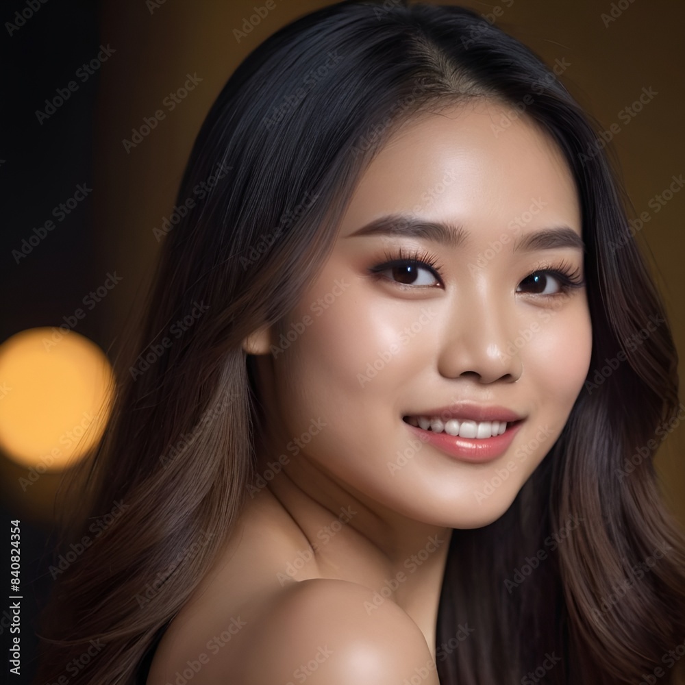 Fototapeta premium Pretty Asian beauty woman long hair with japanese makeup glowing face and healthy facial skin portrait smile on isolated dark background
