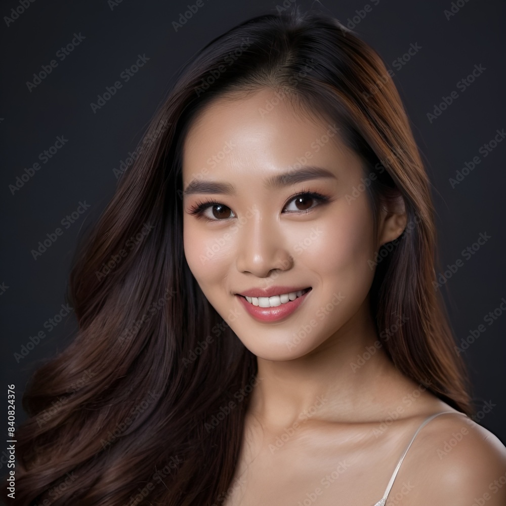 Pretty Asian beauty woman long hair with japanese makeup glowing face and healthy facial skin portrait smile on isolated dark background