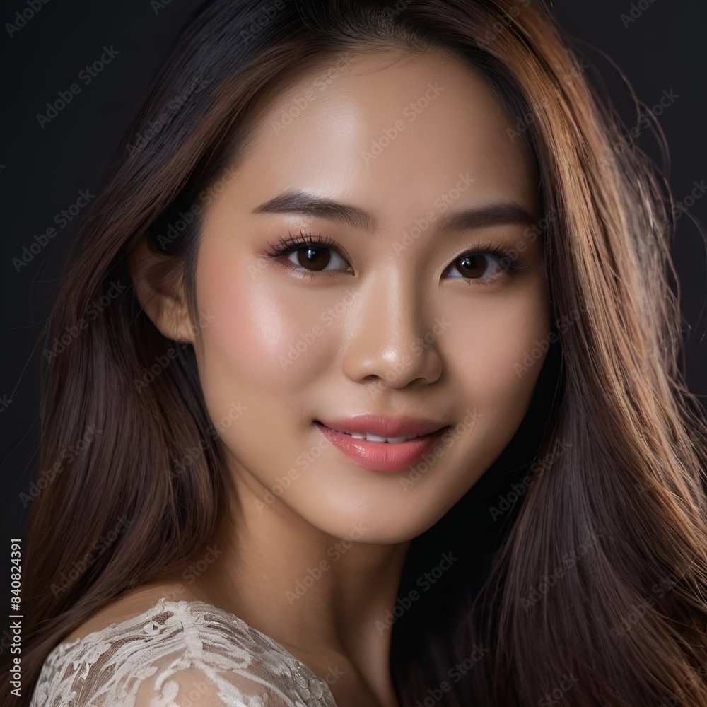Pretty Asian beauty woman long hair with japanese makeup glowing face and healthy facial skin portrait smile on isolated dark background Pretty Asian beauty woman long hair with japanese makeup glowing face and healthy facial skin portrait smile on isolated dark background