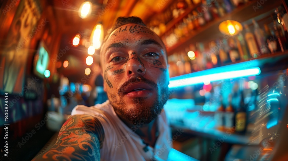 Close-up selfie of a man with facial tattoos surrounded by vivid neon lights in a bar