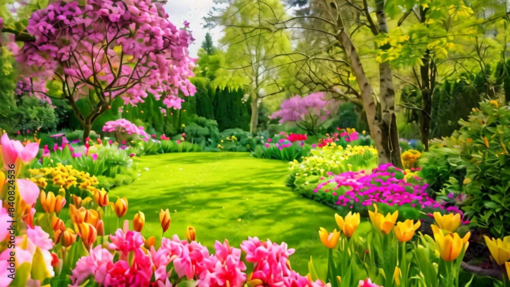A garden vividly filled with a variety of colorful flowers in full bloom under the spring sun, A tranquil spring garden bursting with colorful flowers and blooming trees A garden vividly filled with a variety of colorful flowers in full bloom under the spring sun, A tranquil spring garden bursting with colorful flowers and blooming trees