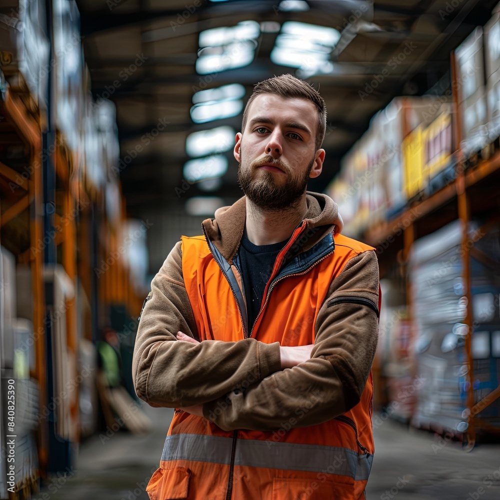 Confident Warehouse Worker in Safety Gear Confident Warehouse Worker in Safety Gear