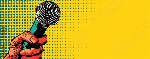 A vibrant pop art illustration of a hand holding a microphone against a yellow halftone background, capturing the energy and style of vintage comic book art.