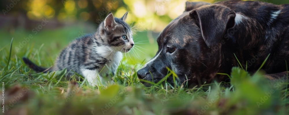 A heartwarming moment between a dog and a kitten, lying on a cozy rug, gazing at each other with affection in a softly lit room A heartwarming moment between a dog and a kitten, lying on a cozy rug, gazing at each other with affection in a softly lit room