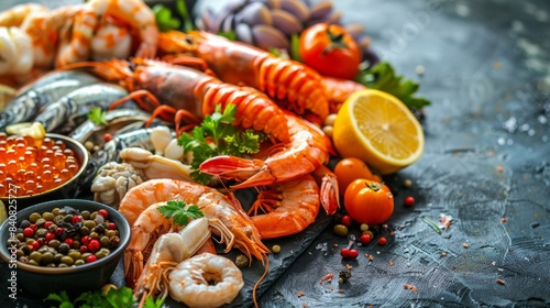 Freshly Cooked Shrimp, Scallops, and Lemon With Parsley and Tomatoes on a Bla...