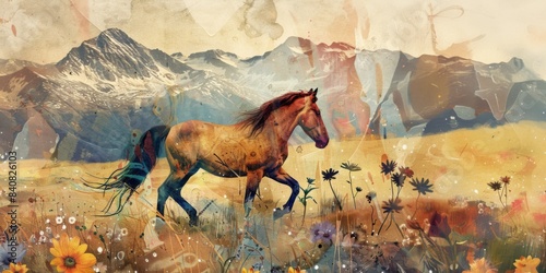An illustration of a horse on the meadow.