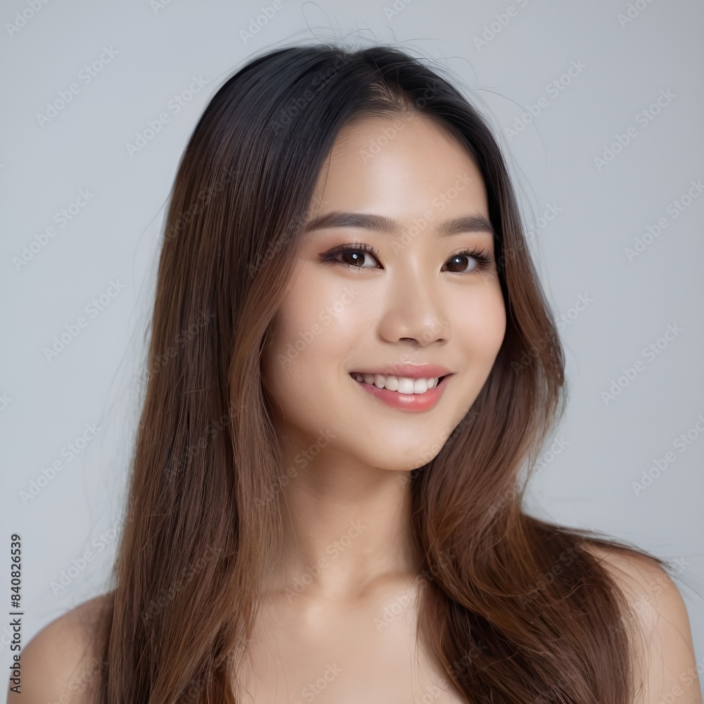 Pretty Asian beauty woman long hair with japanese makeup glowing face and healthy facial skin portrait smile on isolated white background Pretty Asian beauty woman long hair with japanese makeup glowing face and healthy facial skin portrait smile on isolated white background