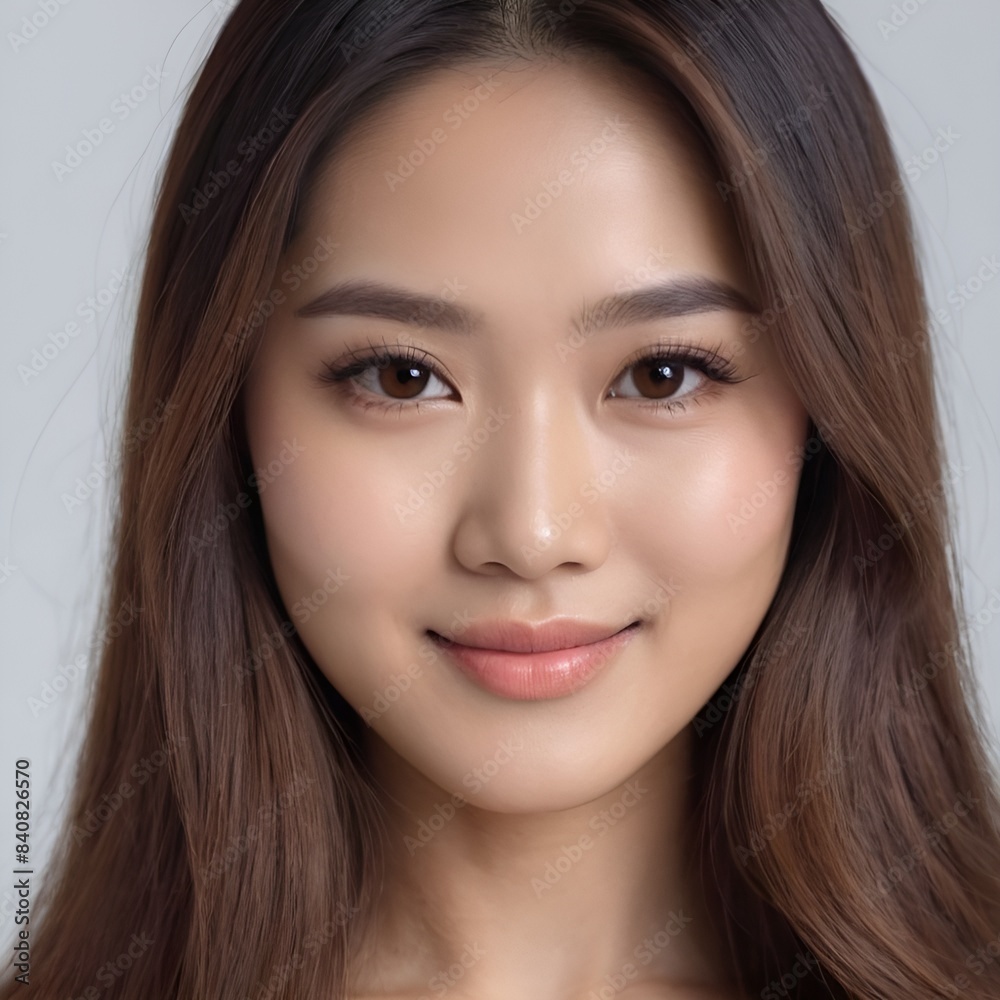 Pretty Asian beauty woman long hair with japanese makeup glowing face and healthy facial skin portrait smile on isolated white background Pretty Asian beauty woman long hair with japanese makeup glowing face and healthy facial skin portrait smile on isolated white background