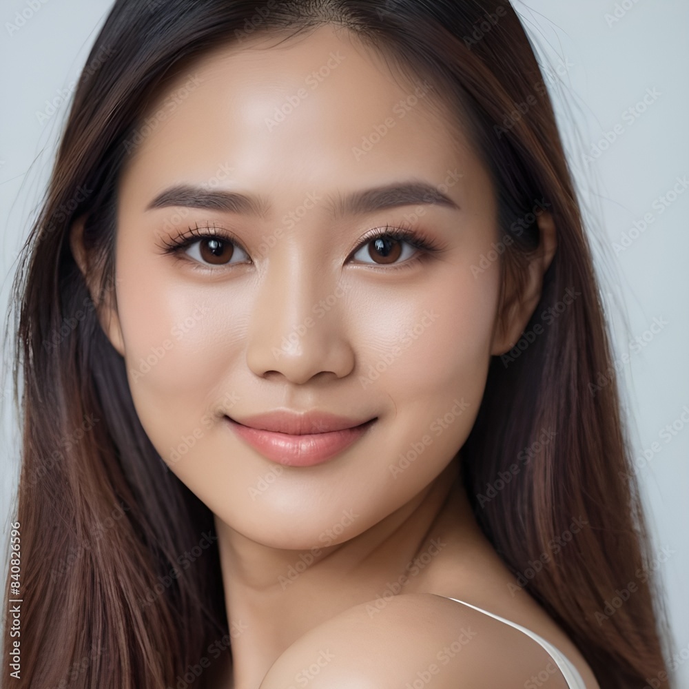 Pretty Asian beauty woman long hair with japanese makeup glowing face and healthy facial skin portrait smile on isolated white background Pretty Asian beauty woman long hair with japanese makeup glowing face and healthy facial skin portrait smile on isolated white background