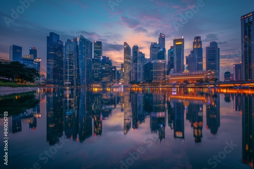 Modern City Skyline Reflected in a Tranquil River at Twilight - Urban Serenity for Posters or Prints