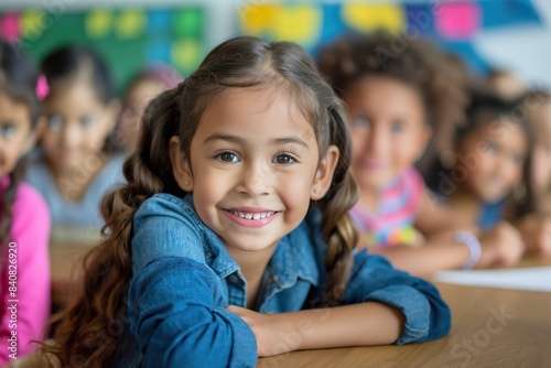A young girl sits in a classroom with other children, smiling brightly at the camera.