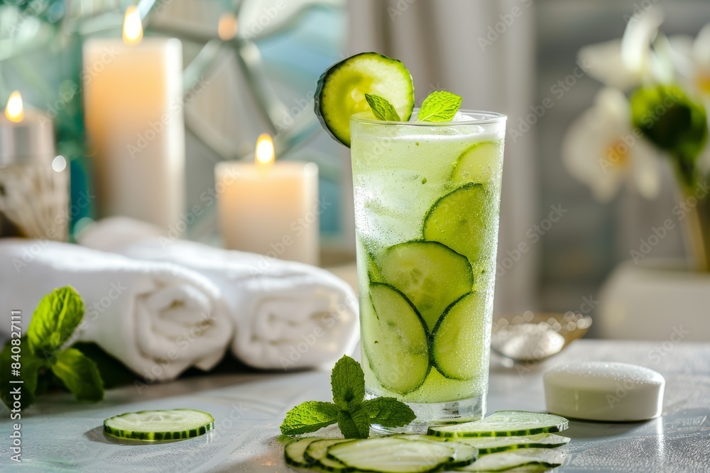 Refreshing Cucumber and Mint Smoothie in a Spa Setting - Perfect for Relaxation and Wellness Refreshing Cucumber and Mint Smoothie in a Spa Setting - Perfect for Relaxation and Wellness