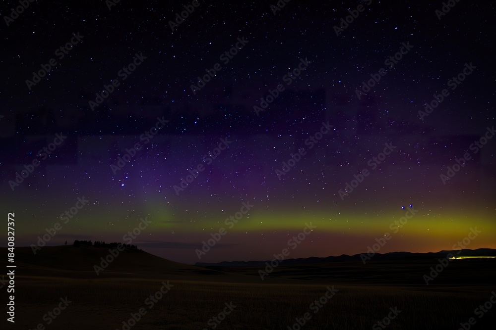 The Northern Lights illuminate the desert night sky, casting a vibrant green and purple glow across the landscape. The Northern Lights illuminate the desert night sky, casting a vibrant green and purple glow across the landscape.