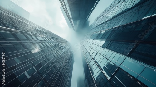 Low-angle shot of futuristic skyscrapers with sleek glass facades and geometric designs  reaching towards a misty sky