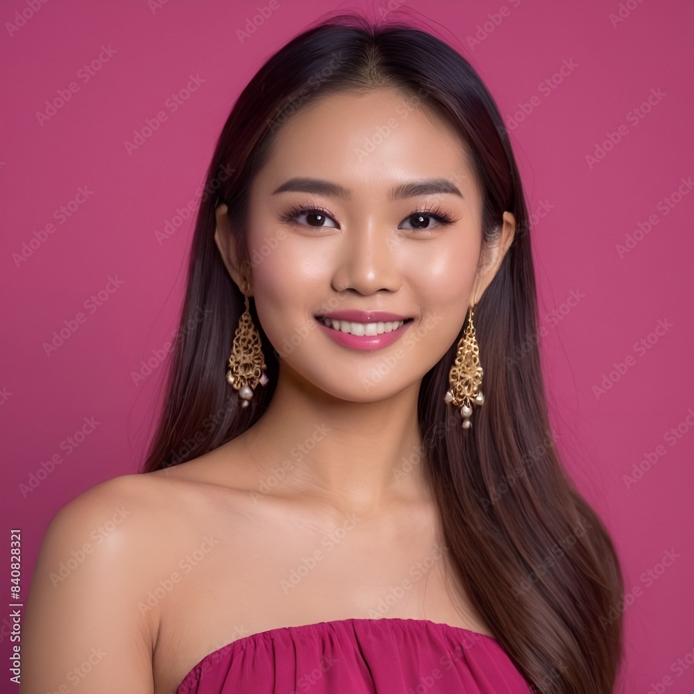 Pretty Asian beauty woman long hair with japanese makeup glowing face and healthy facial skin portrait smile on isolated light fuchsia background Pretty Asian beauty woman long hair with japanese makeup glowing face and healthy facial skin portrait smile on isolated light fuchsia background