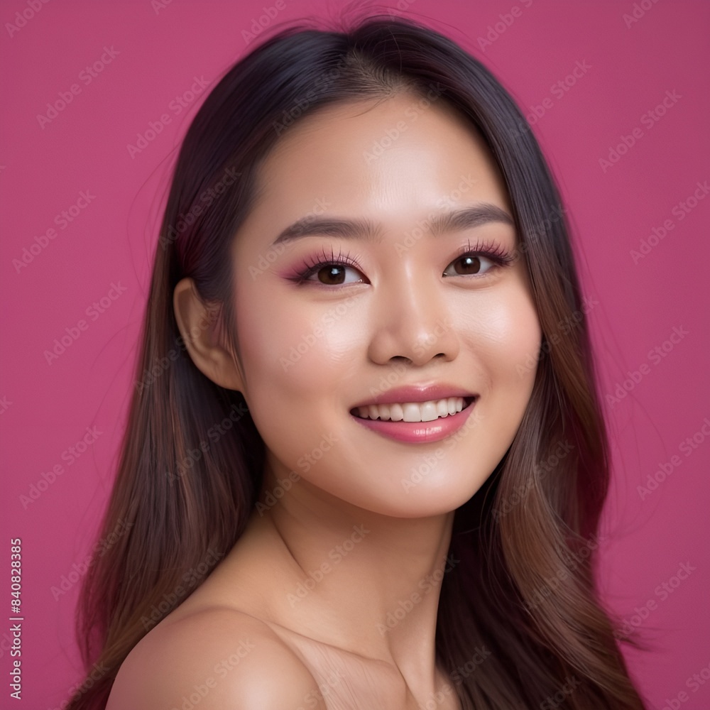 Naklejka premium Pretty Asian beauty woman long hair with japanese makeup glowing face and healthy facial skin portrait smile on isolated light fuchsia background