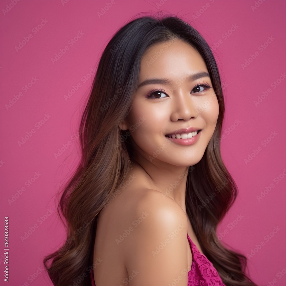 Naklejka premium Pretty Asian beauty woman long hair with japanese makeup glowing face and healthy facial skin portrait smile on isolated light fuchsia background
