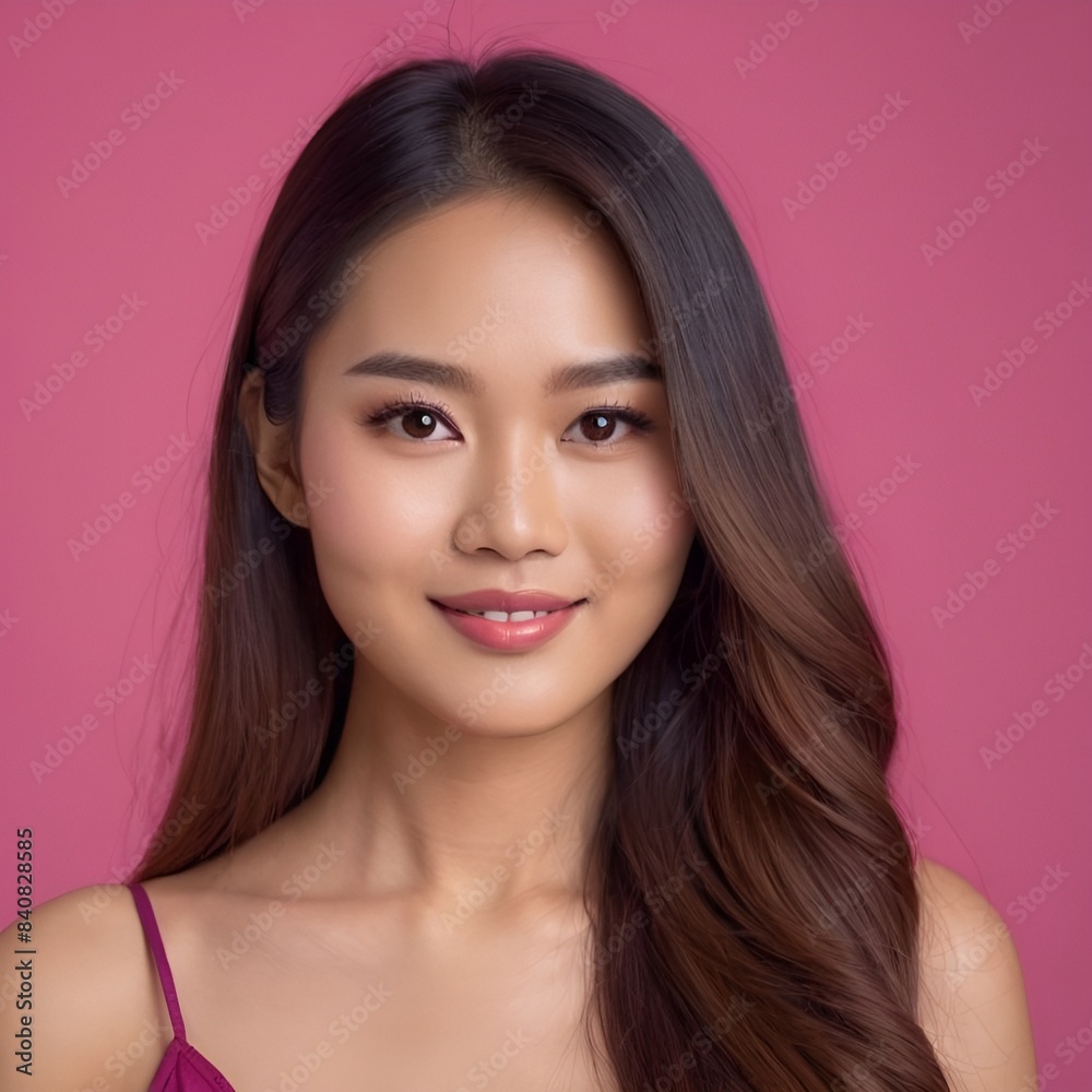 Pretty Asian beauty woman long hair with japanese makeup glowing face and healthy facial skin portrait smile on isolated light fuchsia background Pretty Asian beauty woman long hair with japanese makeup glowing face and healthy facial skin portrait smile on isolated light fuchsia background