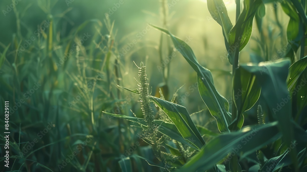 Fototapeta premium Green cornfield. Close up. AI generated.