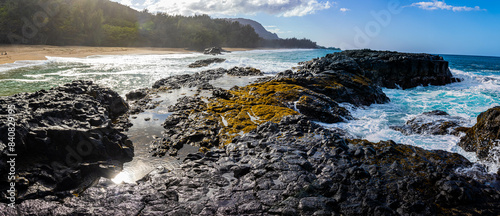 Panoramic View of The Sea Cliffs Overlooking Kahalahala Beach, Kauai, Hawaii, USA photo