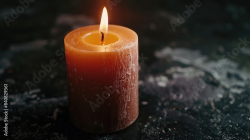 One burning candle in the dark. AI generated.