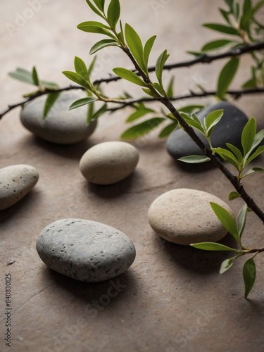 Serene backdrop featuring stones  branches  and earthy hues  great for beauty product branding.