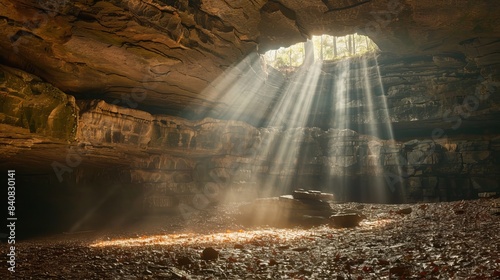 Sunrays illuminate the interior of Mammoth Cave National Park  revealing its stunning beauty from within.