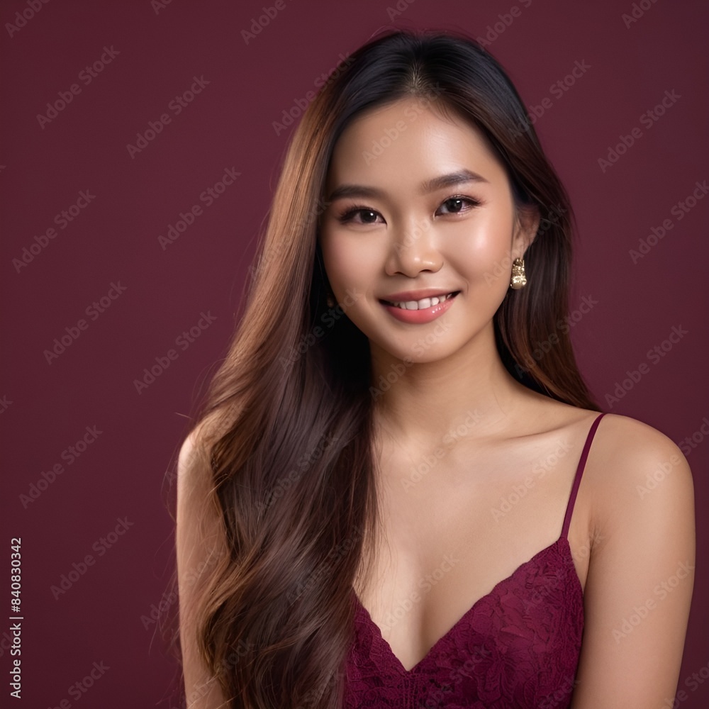 Obraz premium Pretty Asian beauty woman long hair with japanese makeup glowing face and healthy facial skin portrait smile on isolated wine red background