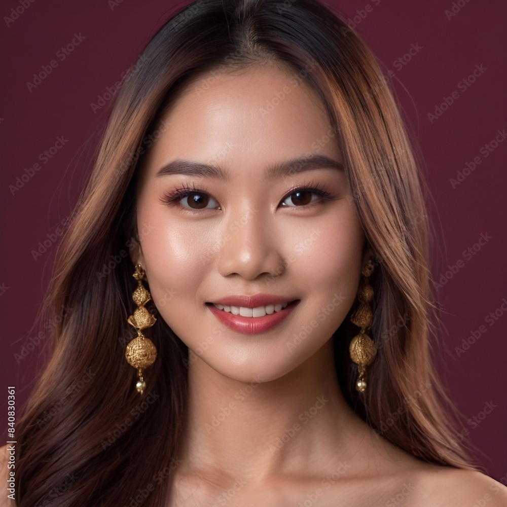 Pretty Asian beauty woman long hair with japanese makeup glowing face and healthy facial skin portrait smile on isolated wine red background Pretty Asian beauty woman long hair with japanese makeup glowing face and healthy facial skin portrait smile on isolated wine red background