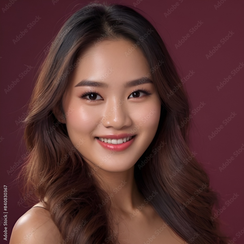 Pretty Asian beauty woman long hair with japanese makeup glowing face and healthy facial skin portrait smile on isolated wine red background Pretty Asian beauty woman long hair with japanese makeup glowing face and healthy facial skin portrait smile on isolated wine red background
