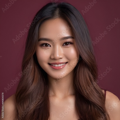 Pretty Asian beauty woman long hair with japanese makeup glowing face and healthy facial skin portrait smile on isolated wine red background